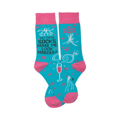 Pair of teal crew socks with pink cuffs.  The socks feature a playful design of wedding bells, rings, champagne glasses and pink flowers.