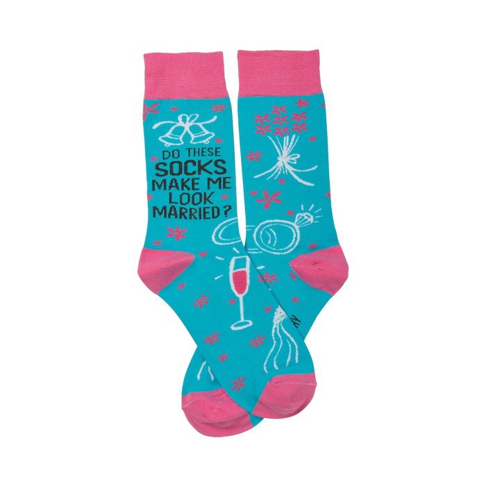 Pair of teal crew socks with pink cuffs.  The socks feature a playful design of wedding bells, rings, champagne glasses and pink flowers. }}