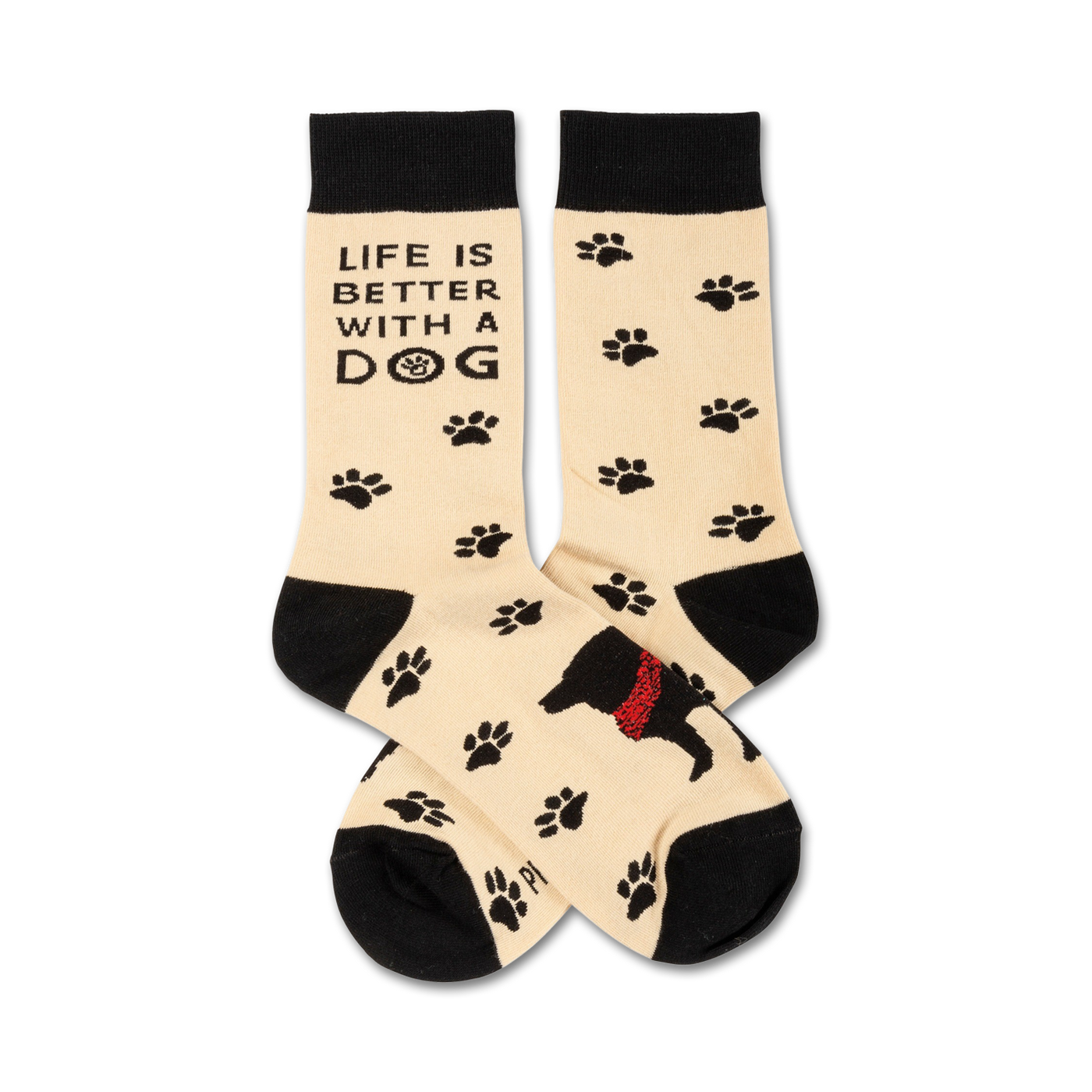 Cream crew socks with black paw prints and a black dog design. Text reads: 'Life is better with a dog'.