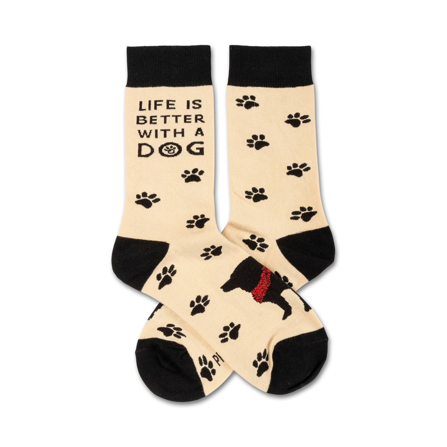 Cream crew socks with black paw prints and a black dog design. Text reads: 'Life is better with a dog'.