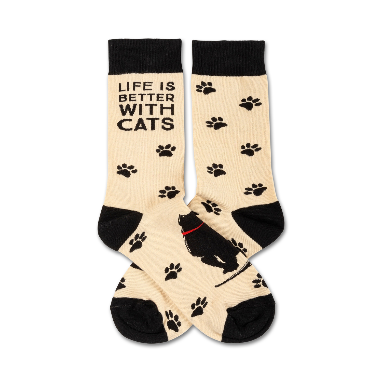 Cream crew socks with black paw prints and a black cat design.  Text reads, 'Life is better with cats'.