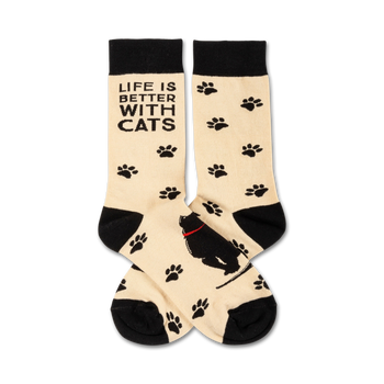 beige womens crew socks with black heel, toe, and cuff. one sock features a black cat with red collar and the text 'life is better with cats'. black cat paw prints all over.   