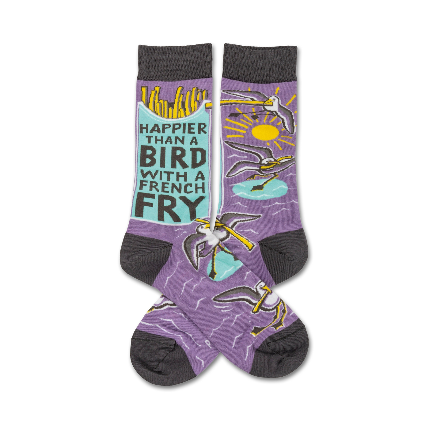 Purple crew socks with a design of birds stealing french fries and the text 'Happier than a bird with a french fry'.