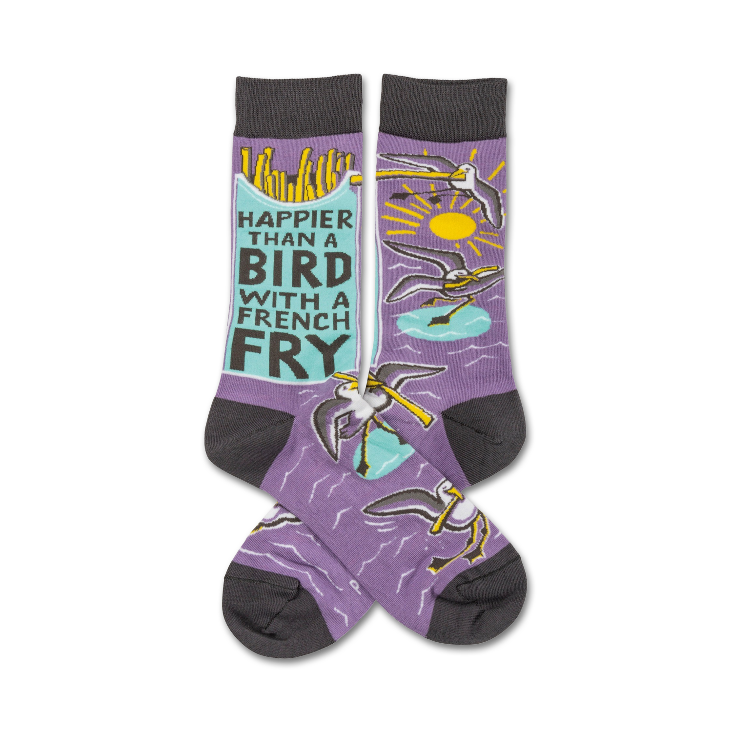 Purple crew socks with a design of birds stealing french fries and the text 'Happier than a bird with a french fry'.