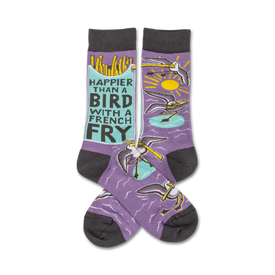 purple crew socks with cartoon seagulls, text that reads "happier than a bird with a french fry".  