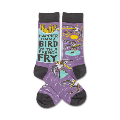 purple crew socks with cartoon seagulls, text that reads "happier than a bird with a french fry".  