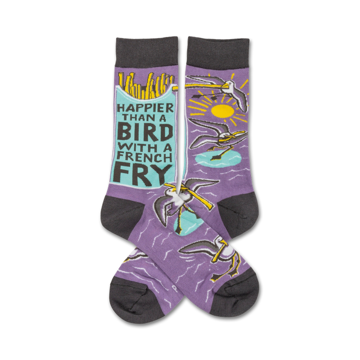 purple crew socks with cartoon seagulls, text that reads 