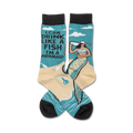 Crew socks showcasing a teal mermaid design on beige sand, with the text 'I can drink like a fish, I'm a mermaid'.