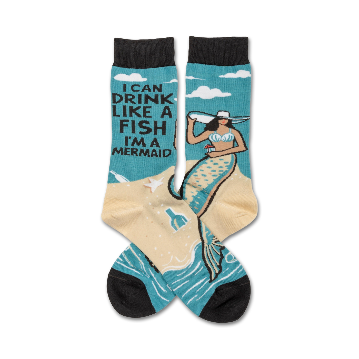 Crew socks showcasing a teal mermaid design on beige sand, with the text 'I can drink like a fish, I'm a mermaid'.
