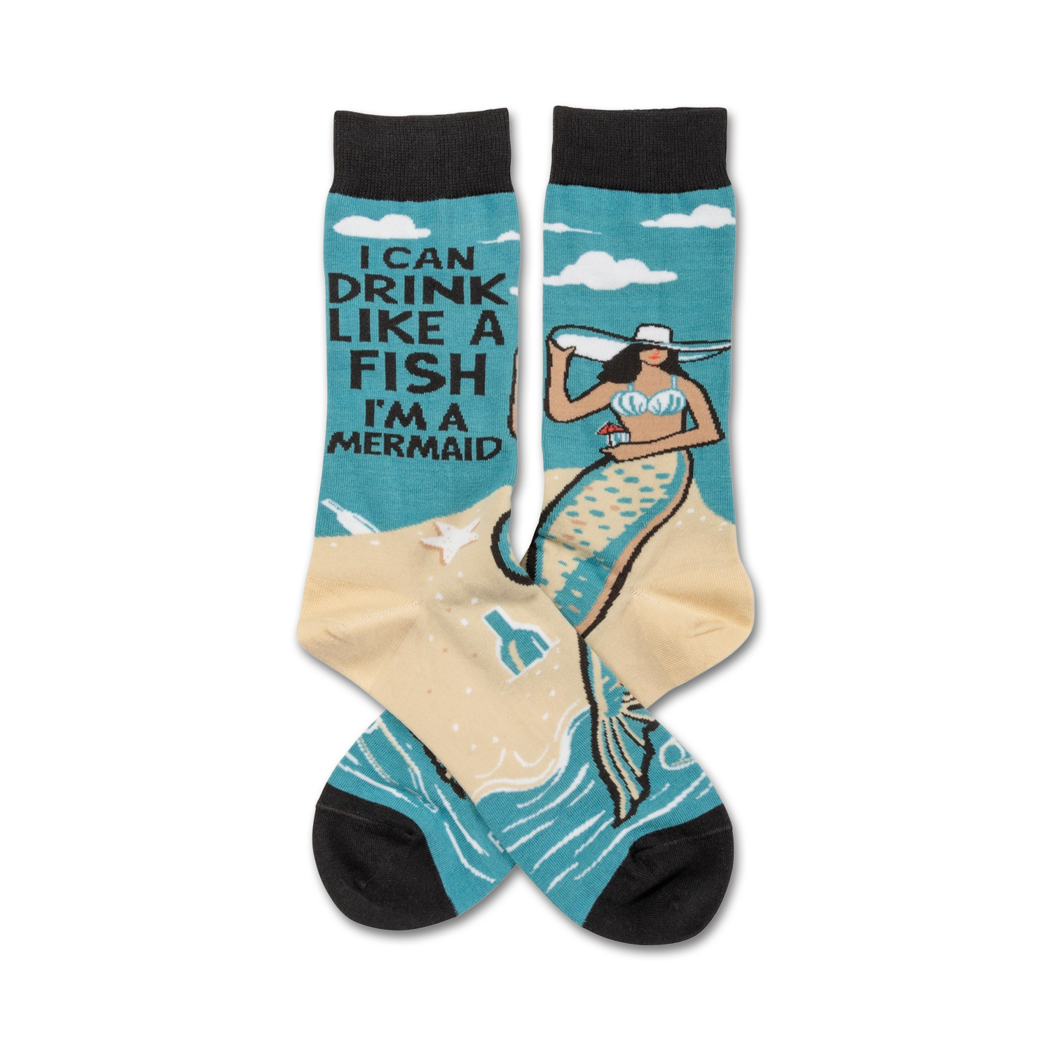 Crew socks showcasing a teal mermaid design on beige sand, with the text 'I can drink like a fish, I'm a mermaid'.
