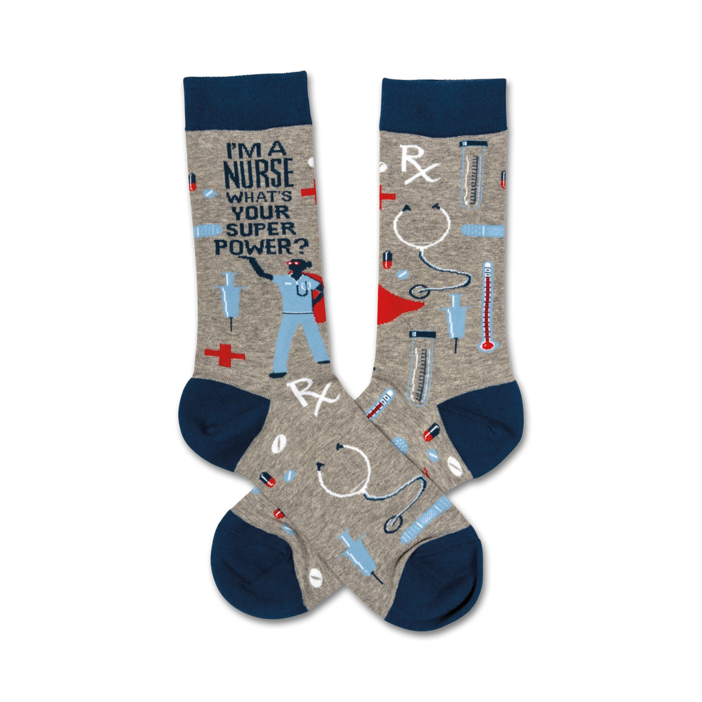 Crew socks in grey and navy blue, showcasing a nurse superhero graphic, medical tools, and the phrase 'I'm a Nurse, what's your superpower?'