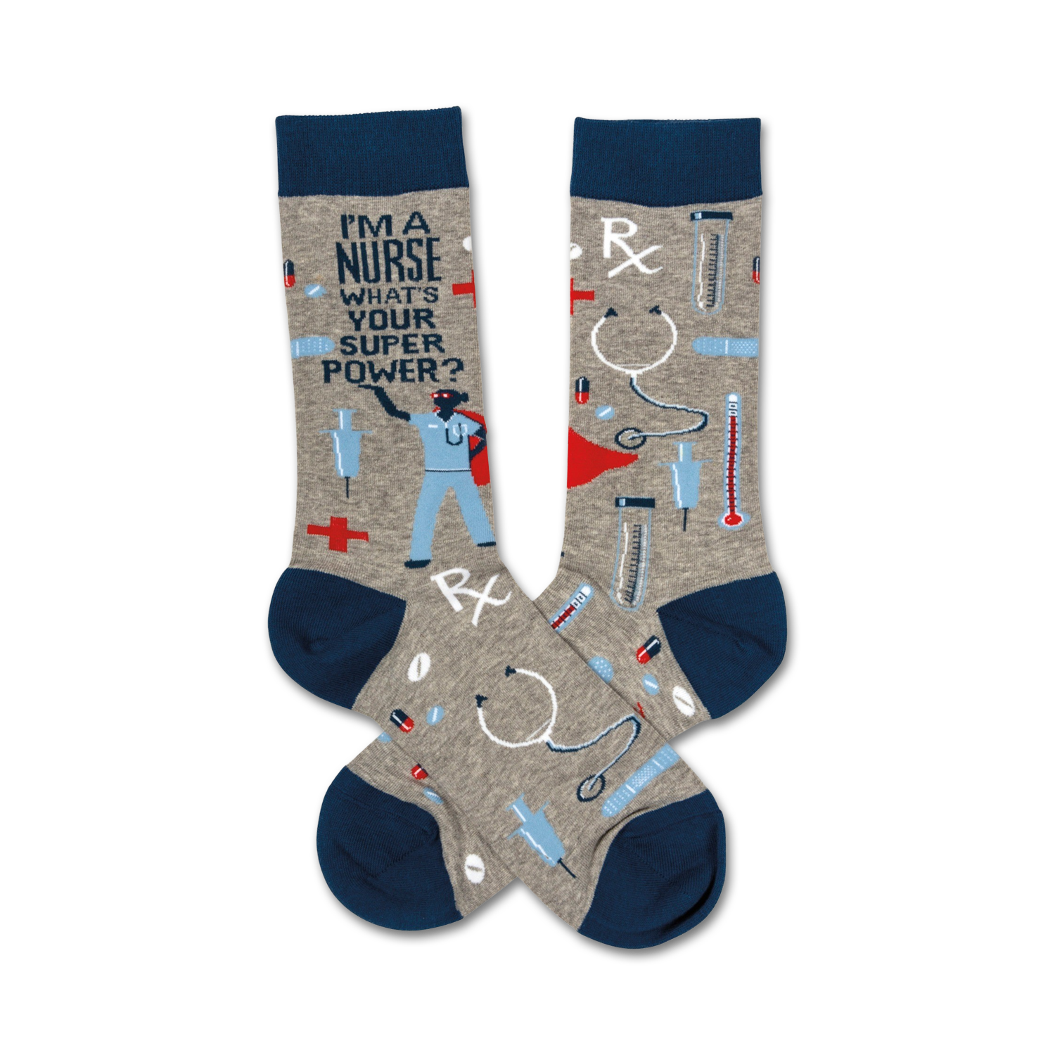 Crew socks in grey and navy blue, showcasing a nurse superhero graphic, medical tools, and the phrase 'I'm a Nurse, what's your superpower?'
