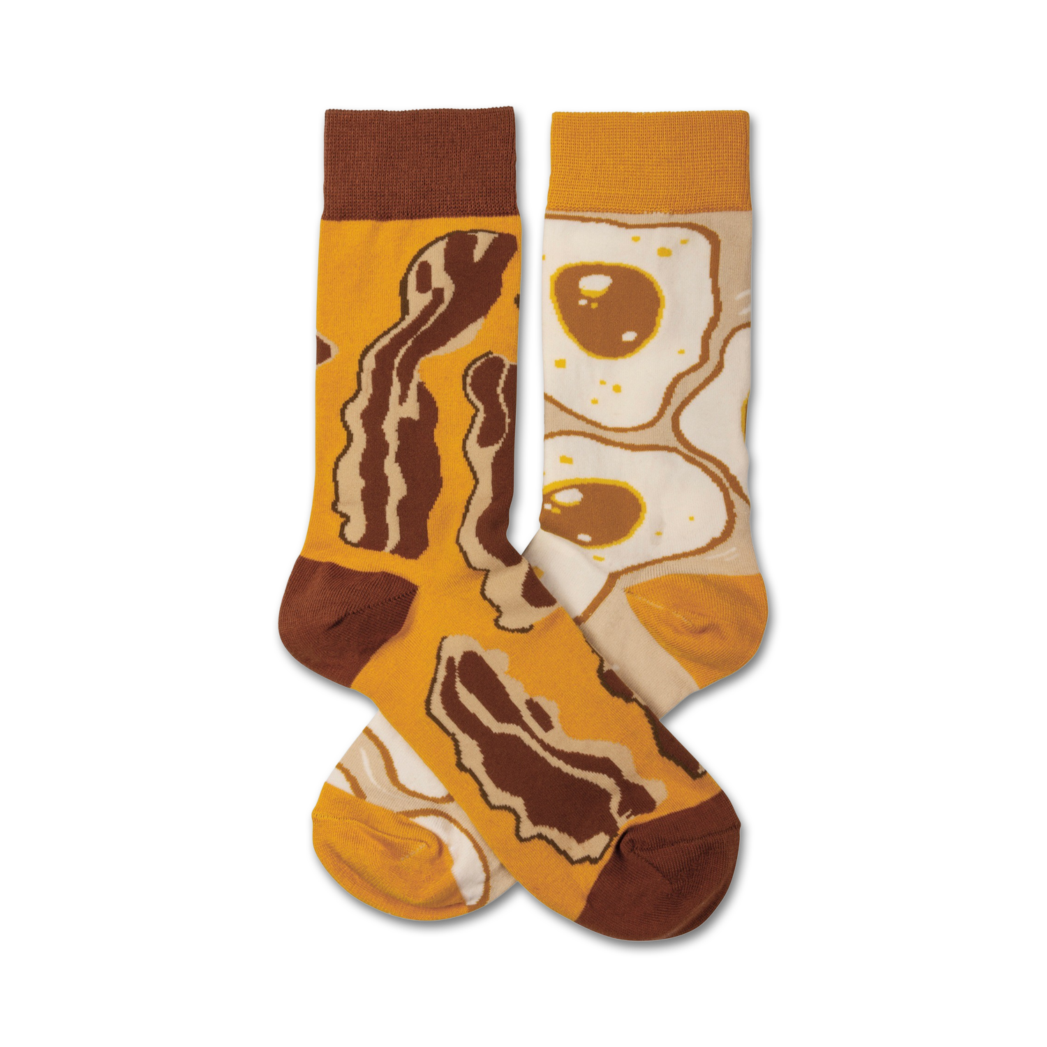 A pair of crew socks with a fun breakfast design. One sock features crispy brown bacon, the other shows sunny-side up eggs.  The main colors are mustard yellow and brown.