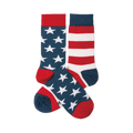 A pair of crew socks. One navy blue with white stars, red cuff/heel/toe. The other red and white stripes, navy cuff/heel/toe.