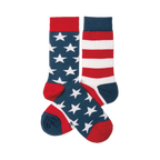 A pair of crew socks. One navy blue with white stars, red cuff/heel/toe. The other red and white stripes, navy cuff/heel/toe.