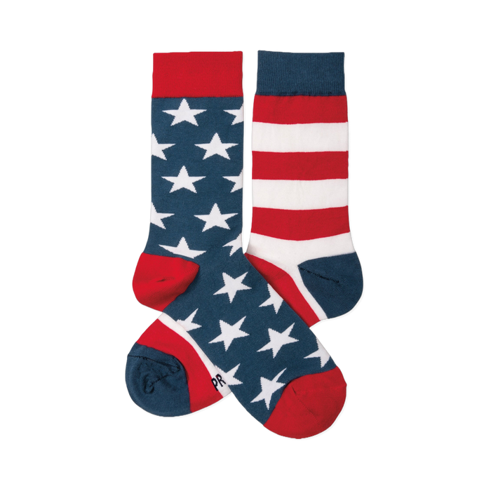 A pair of crew socks. One navy blue with white stars, red cuff/heel/toe. The other red and white stripes, navy cuff/heel/toe.