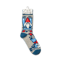 Close-up of a single Gnomes & Mushrooms sock on a hanger.