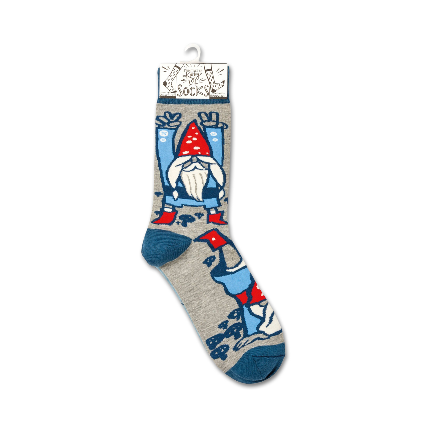 Close-up of a single Gnomes & Mushrooms sock on a hanger.
