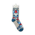 Close-up of a single Gnomes & Mushrooms sock on a hanger.