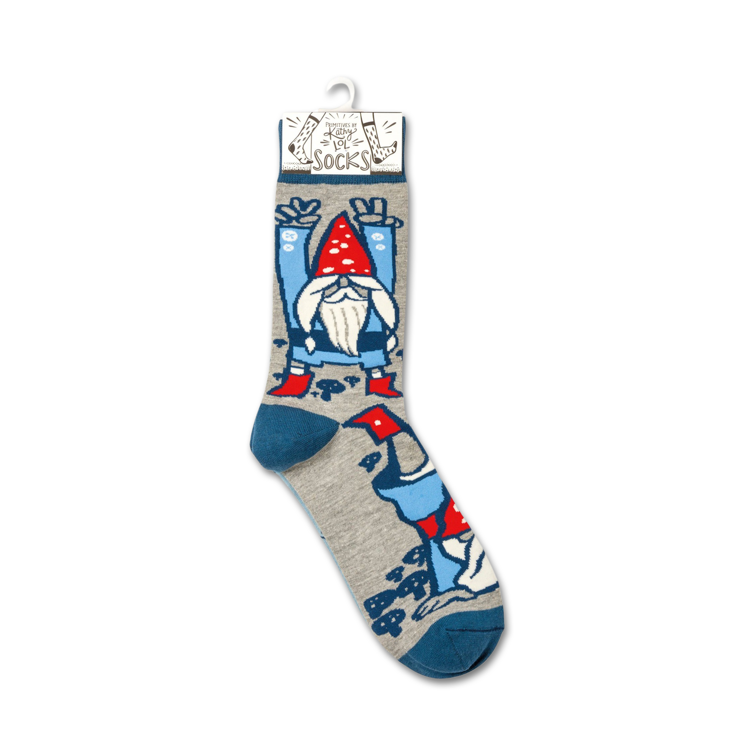 Close-up of a single Gnomes & Mushrooms sock on a hanger.