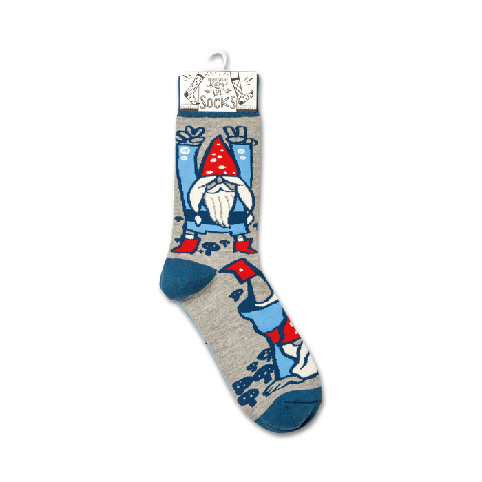 A pair of gray socks with a pattern of red and blue gnomes with white beards.