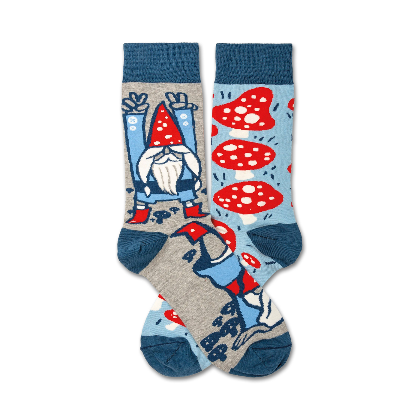 Crew socks in blue, grey, and red featuring a whimsical gnome and mushroom design. 