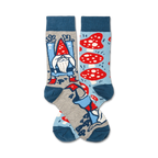 Crew socks in blue, grey, and red featuring a whimsical gnome and mushroom design. 
