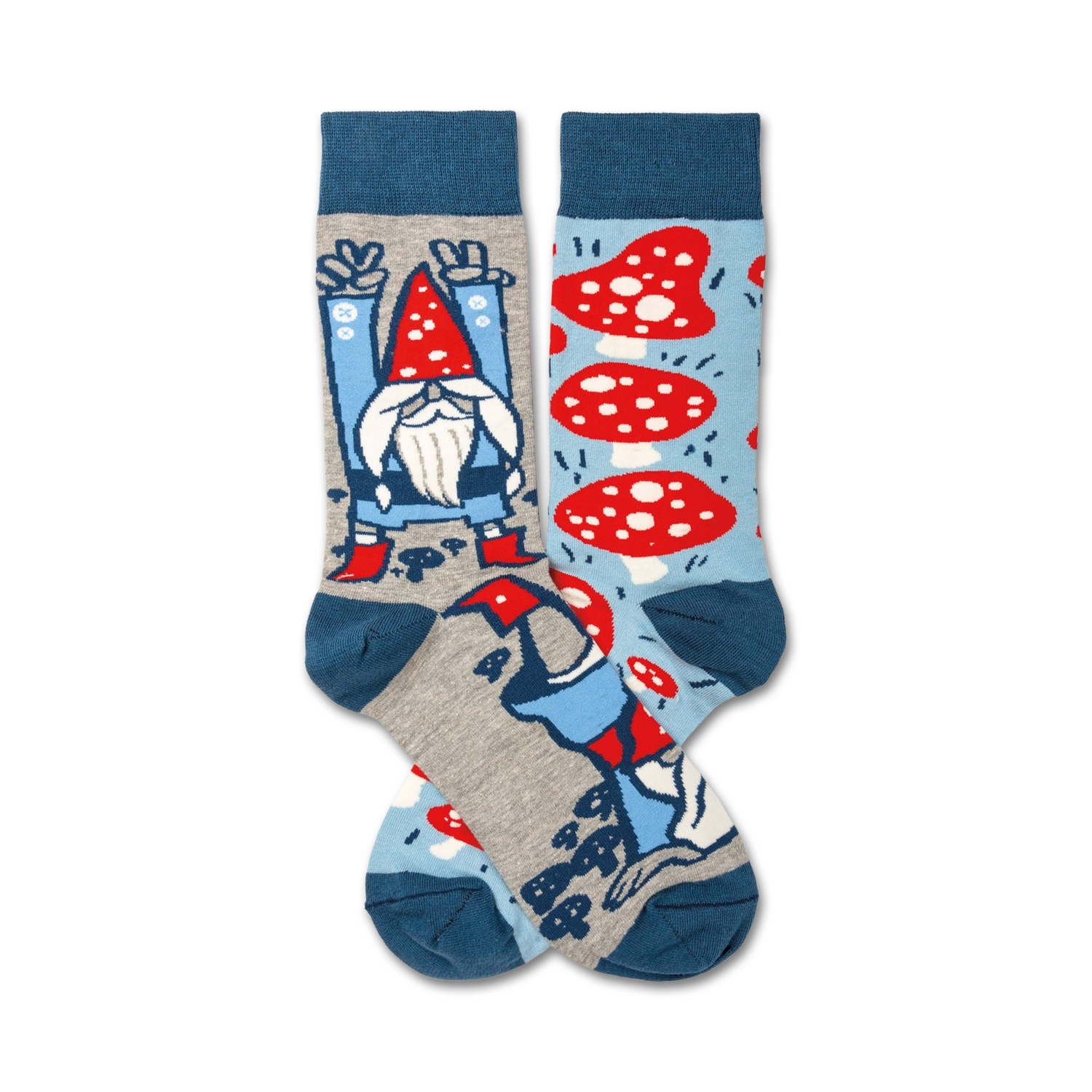 Crew socks in blue, grey, and red featuring a whimsical gnome and mushroom design. 