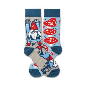 whimsical gnome and mushroom pattern socks in red, blue, white, and gray color scheme. crew length socks suitable for both men and women.  