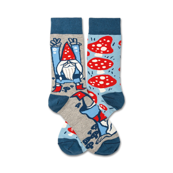 gnomes & mushrooms gnome themed mens & womens unisex grey novelty crew socks