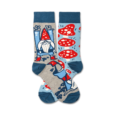 whimsical gnome and mushroom pattern socks in red, blue, white, and gray color scheme. crew length socks suitable for both men and women.  