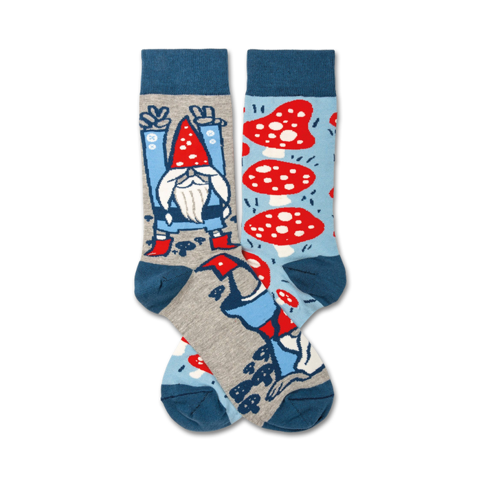 whimsical gnome and mushroom pattern socks in red, blue, white, and gray color scheme. crew length socks suitable for both men and women.  
