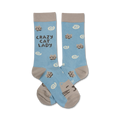 Pair of crew socks in light blue with grey cats and swirls. Text reads "Crazy Cat Lady".