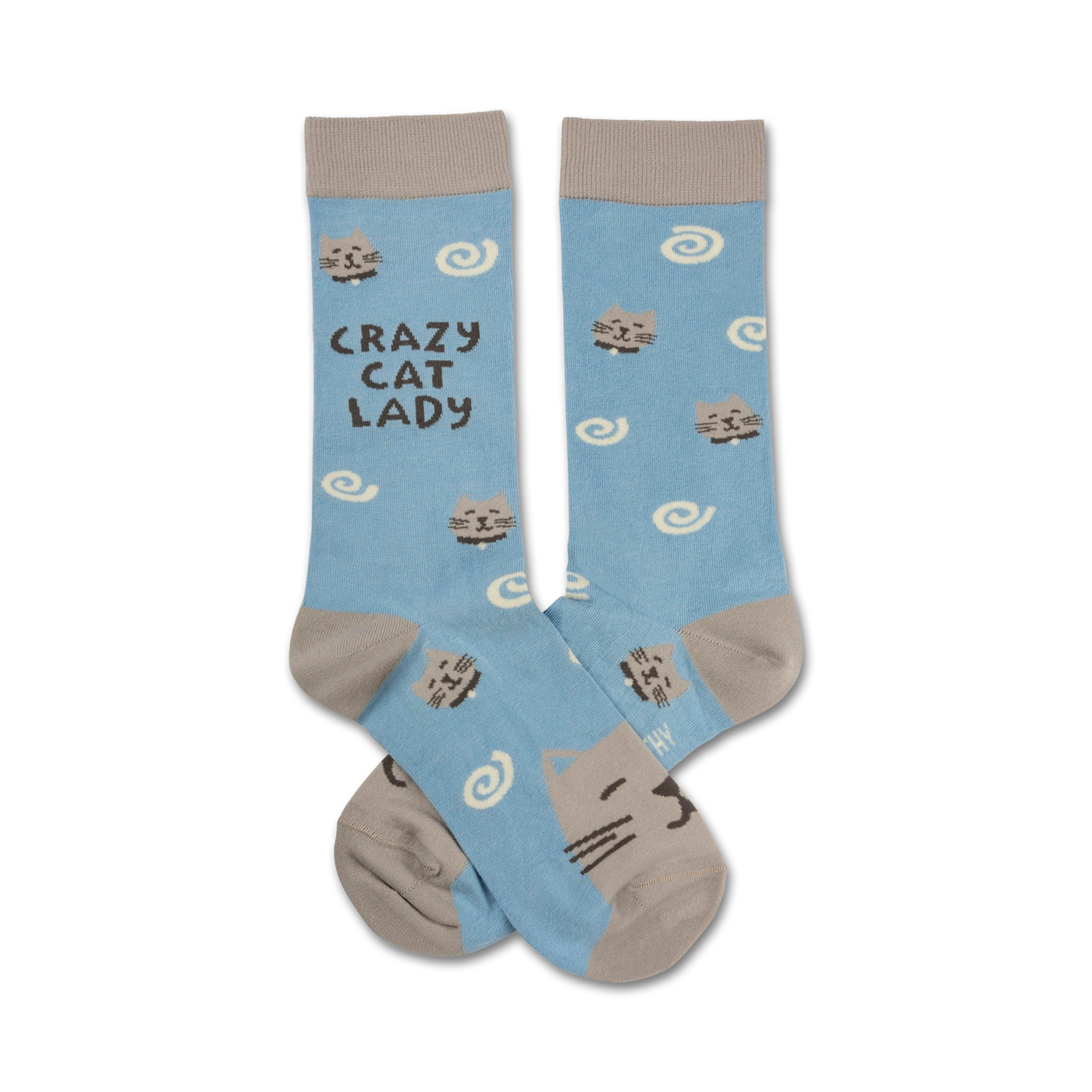 Pair of crew socks in light blue with grey cats and swirls. Text reads "Crazy Cat Lady".