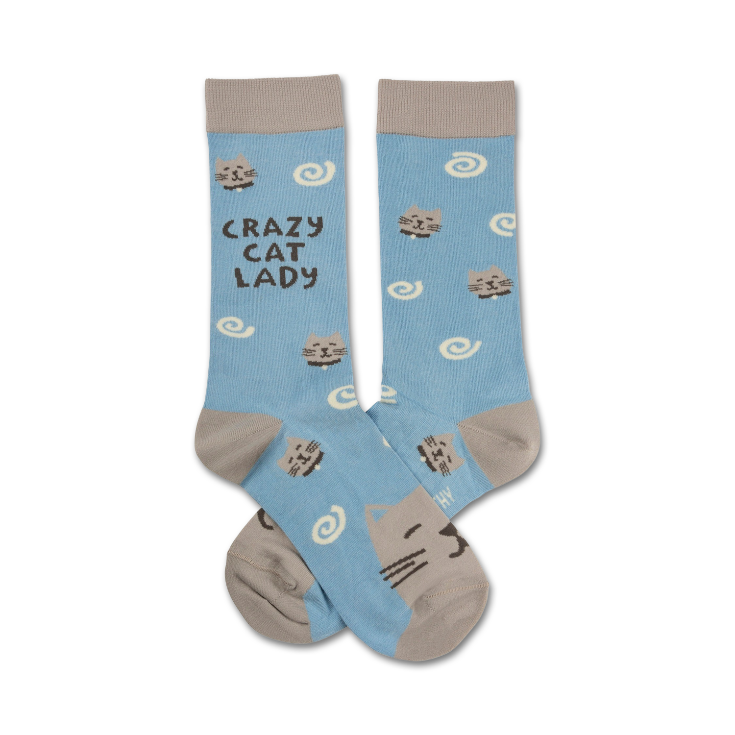 Pair of crew socks in light blue with grey cats and swirls. Text reads "Crazy Cat Lady".