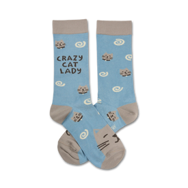 blue crew socks featuring 'crazy cat lady' and cat faces.  