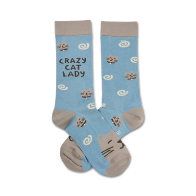 blue crew socks featuring 'crazy cat lady' and cat faces.  