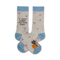 Pair of crew socks in grey with light blue cuffs.  Pink hearts and a drawing of two cats are featured on the socks. The text 'I Just Want All The Cats' is also displayed.