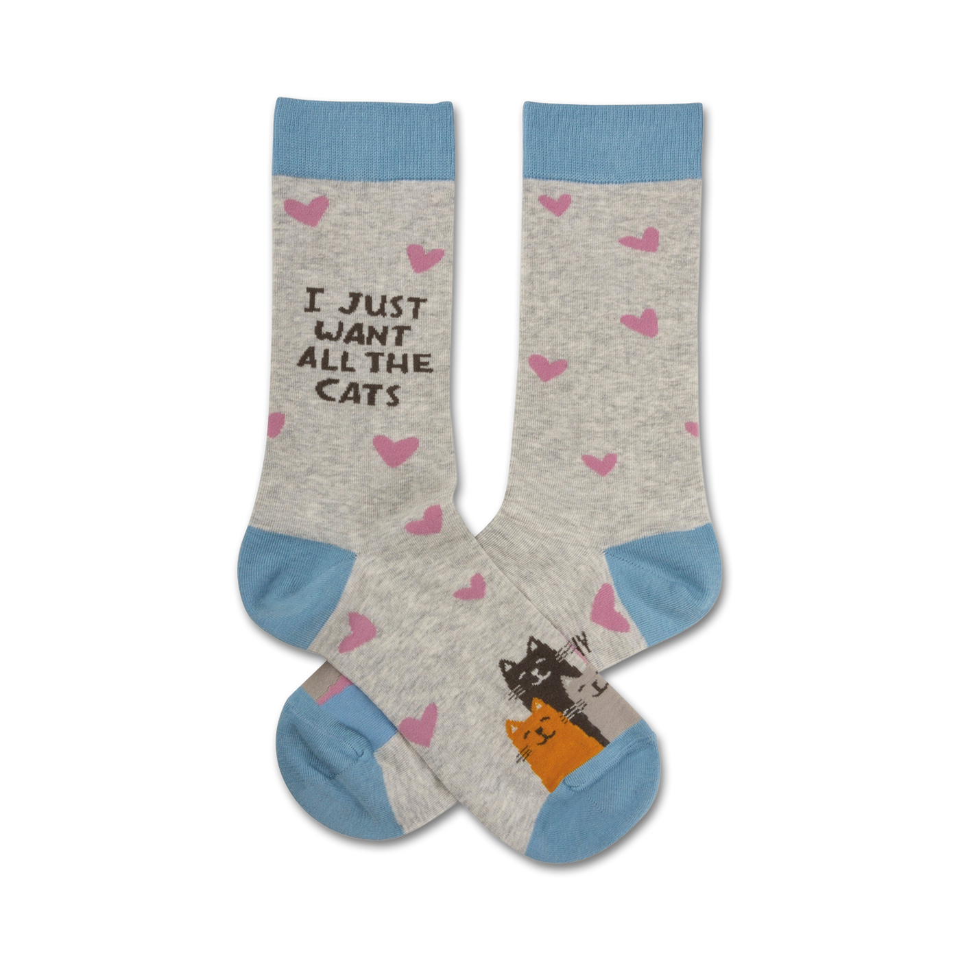 Pair of crew socks in grey with light blue cuffs.  Pink hearts and a drawing of two cats are featured on the socks. The text 'I Just Want All The Cats' is also displayed.