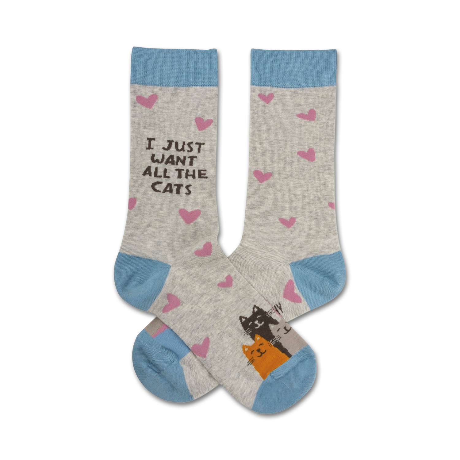 Pair of crew socks in grey with light blue cuffs.  Pink hearts and a drawing of two cats are featured on the socks. The text 'I Just Want All The Cats' is also displayed.