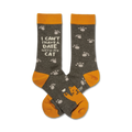 Crew socks in grey and gold.  One sock features the text 'I can't have a date with my cat', the other has paw prints and a small illustration of a cat.