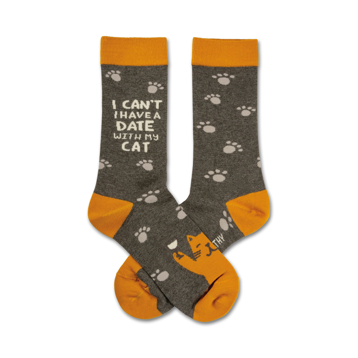 Crew socks in grey and gold.  One sock features the text 'I can't have a date with my cat', the other has paw prints and a small illustration of a cat.