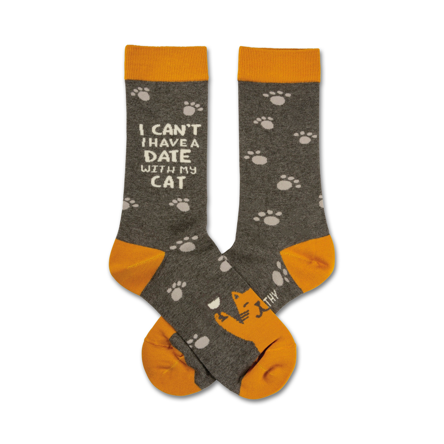 Crew socks in grey and gold.  One sock features the text 'I can't have a date with my cat', the other has paw prints and a small illustration of a cat.