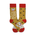 A pair of mustard yellow crew socks with red cuffs.  One sock shows a Dalmatian and 'Sorry I can't I have plans with my dog.' The other sock has paw prints.