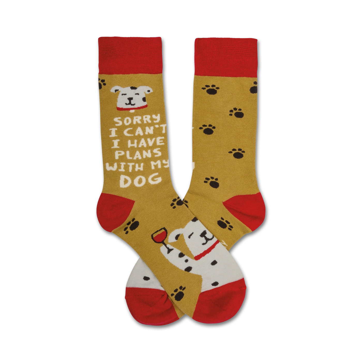 A pair of mustard yellow crew socks with red cuffs.  One sock shows a Dalmatian and 'Sorry I can't I have plans with my dog.' The other sock has paw prints.