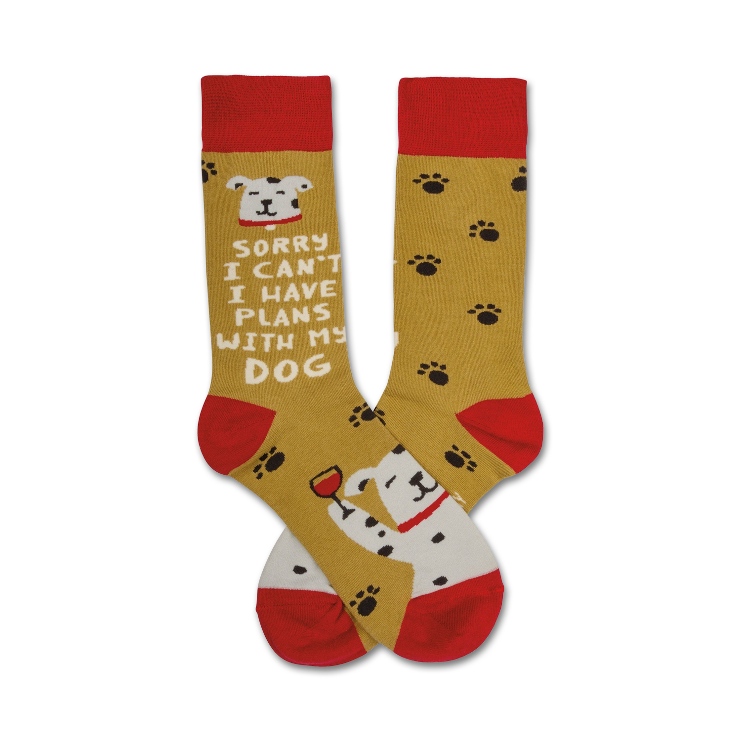 A pair of mustard yellow crew socks with red cuffs.  One sock shows a Dalmatian and 'Sorry I can't I have plans with my dog.' The other sock has paw prints.