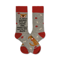Crew socks in grey with red cuffs. Design includes a dog illustration, paw prints, and the text 'I just wanna stay at home and hang out with my dog'.
