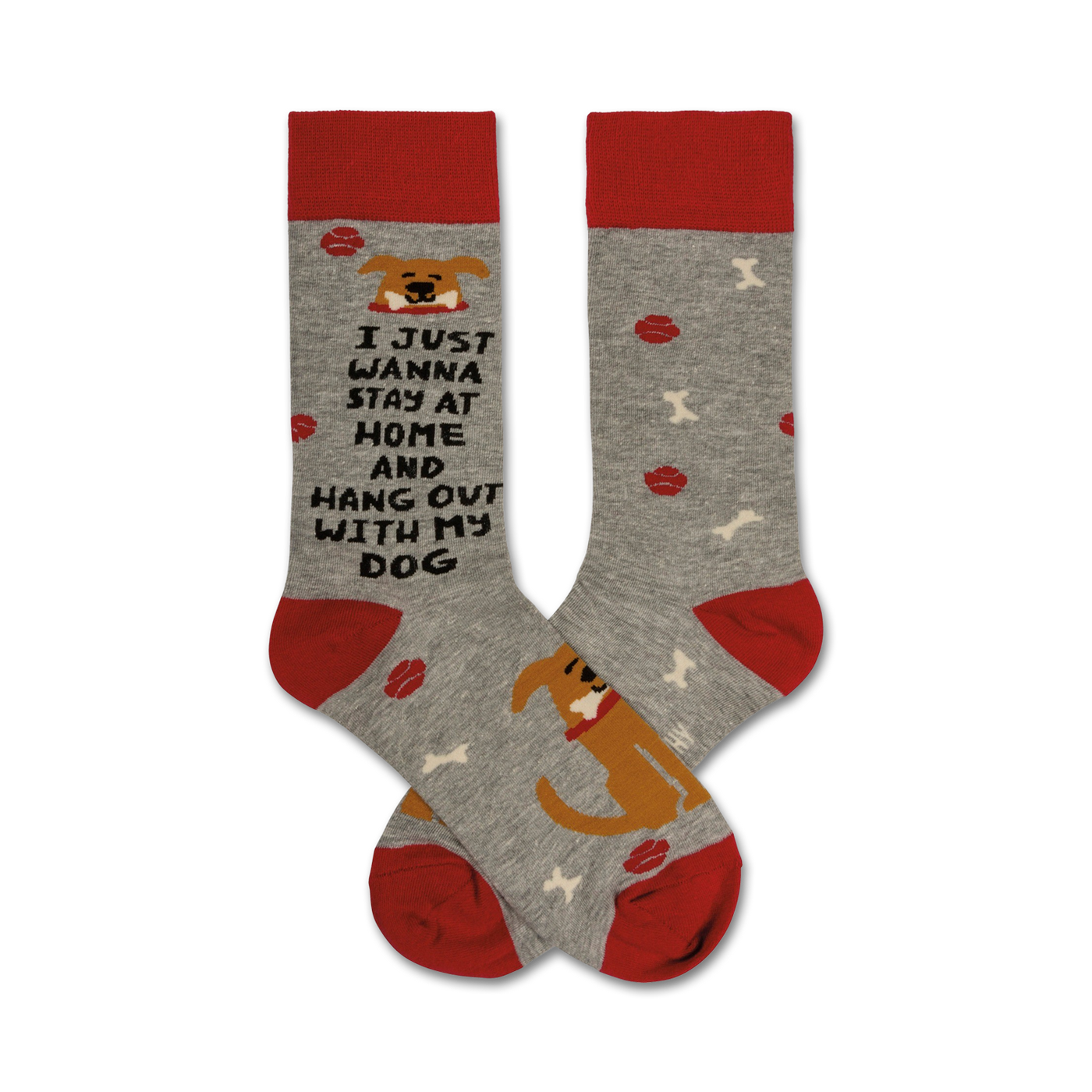 Crew socks in grey with red cuffs. Design includes a dog illustration, paw prints, and the text 'I just wanna stay at home and hang out with my dog'.