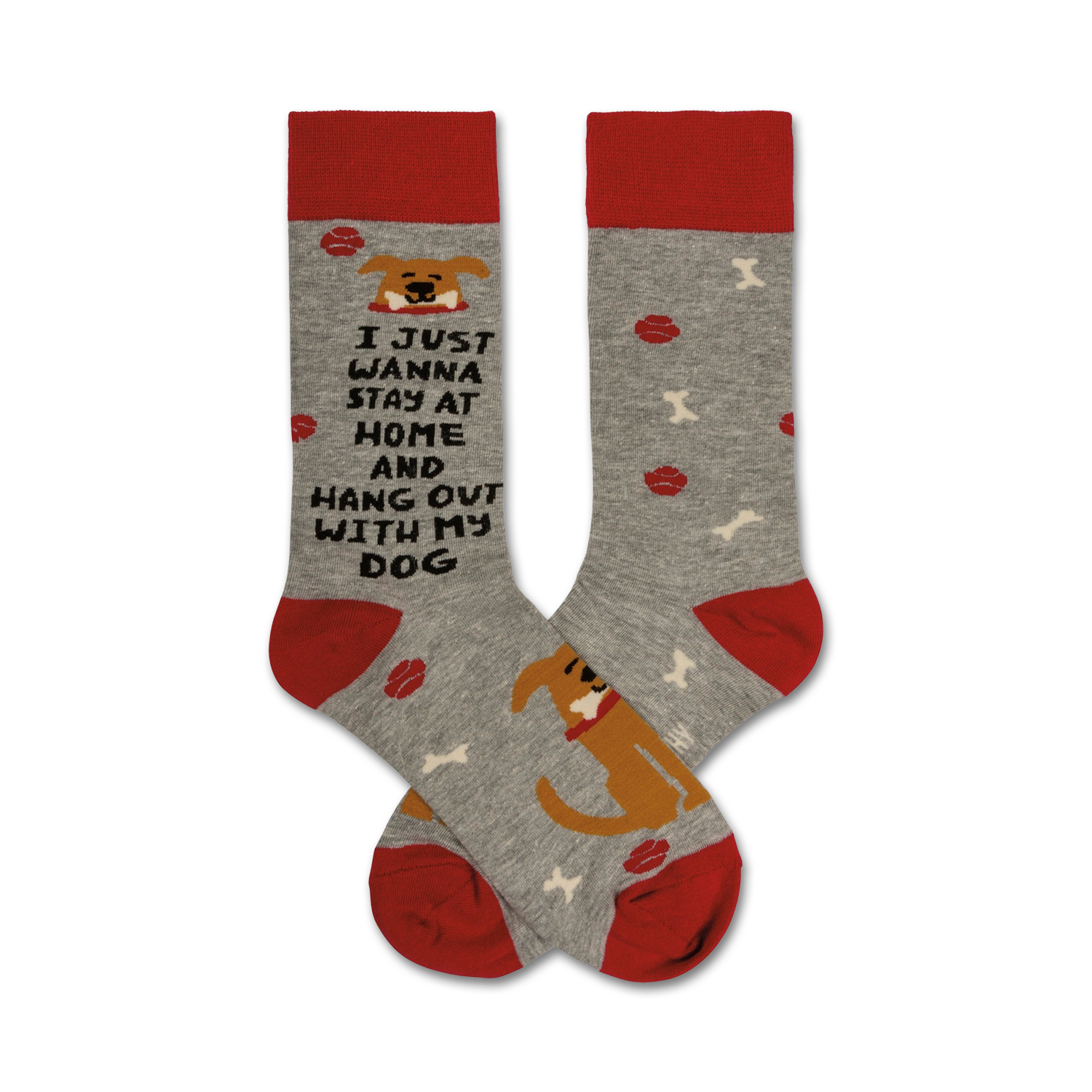 Crew socks in grey with red cuffs. Design includes a dog illustration, paw prints, and the text 'I just wanna stay at home and hang out with my dog'.
