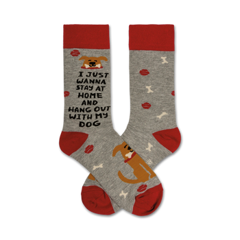 gray crew socks with red toes, heels, and cuffs. brown dog bones and red balls adorn the socks and the words "i just wanna stay at home and hang out with my dog" appear in red on the front.   